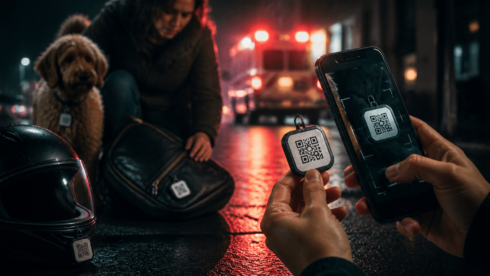 Tag Guardião QR sendo escaneada por celular em uma cena urbana noturna
